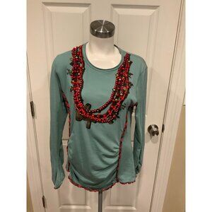 Double D Ranch Dark Teal Blue Red Beaded Long Sleeve T-Shirt, Size Medium